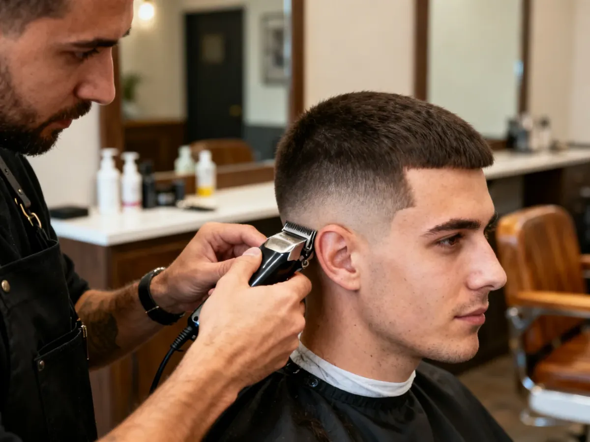 Barber precyzyjnie wykonujący cieniowanie fade maszynką i trymerem