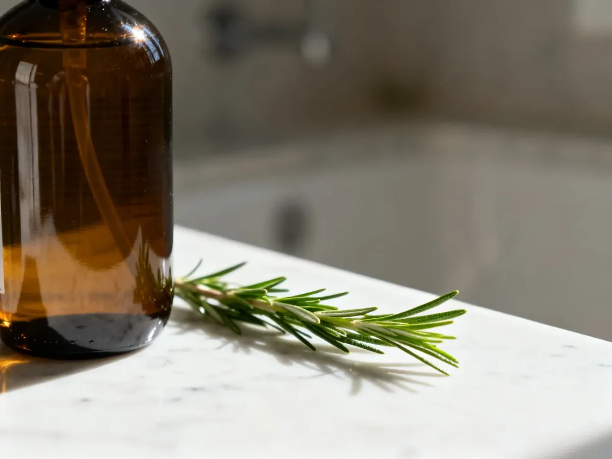 Szklana butelka naturalnego szamponu z gałązką rozmarynu na marmurowym blacie, podkreślająca organiczny skład kosmetyku.