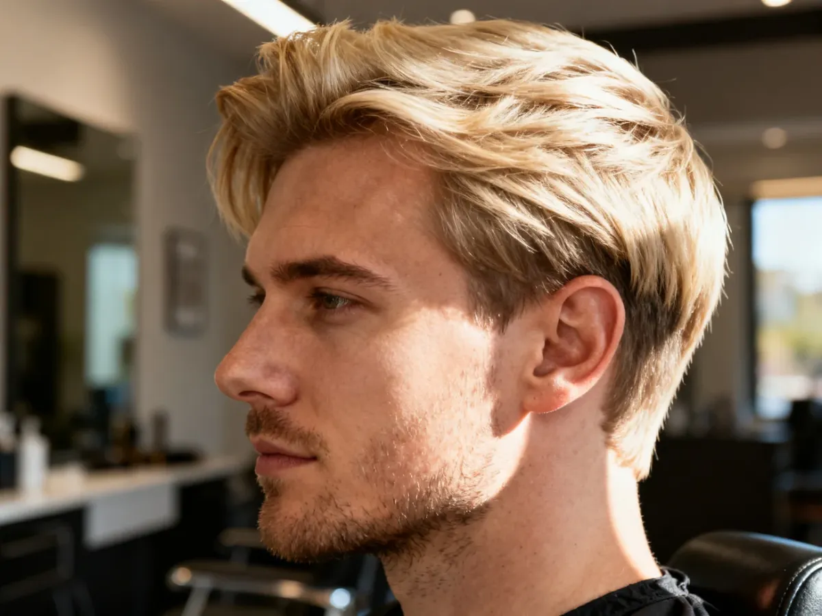 Mężczyzna z modną fryzurą typu quiff i dłuższymi bokami, które naturalnie zakrywają odstające uszy.
