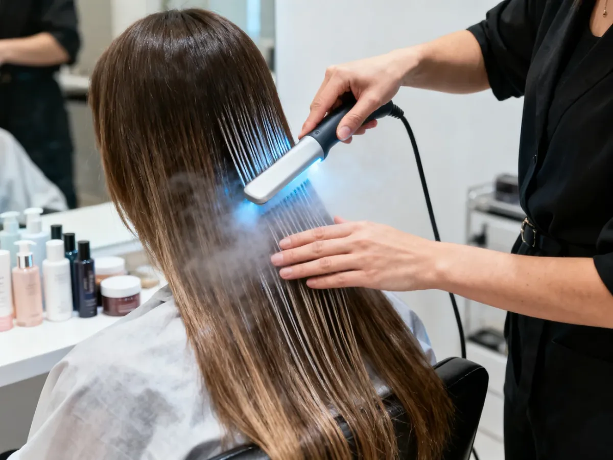 Hair stylist performing cryotherapy treatment on sectioned hair