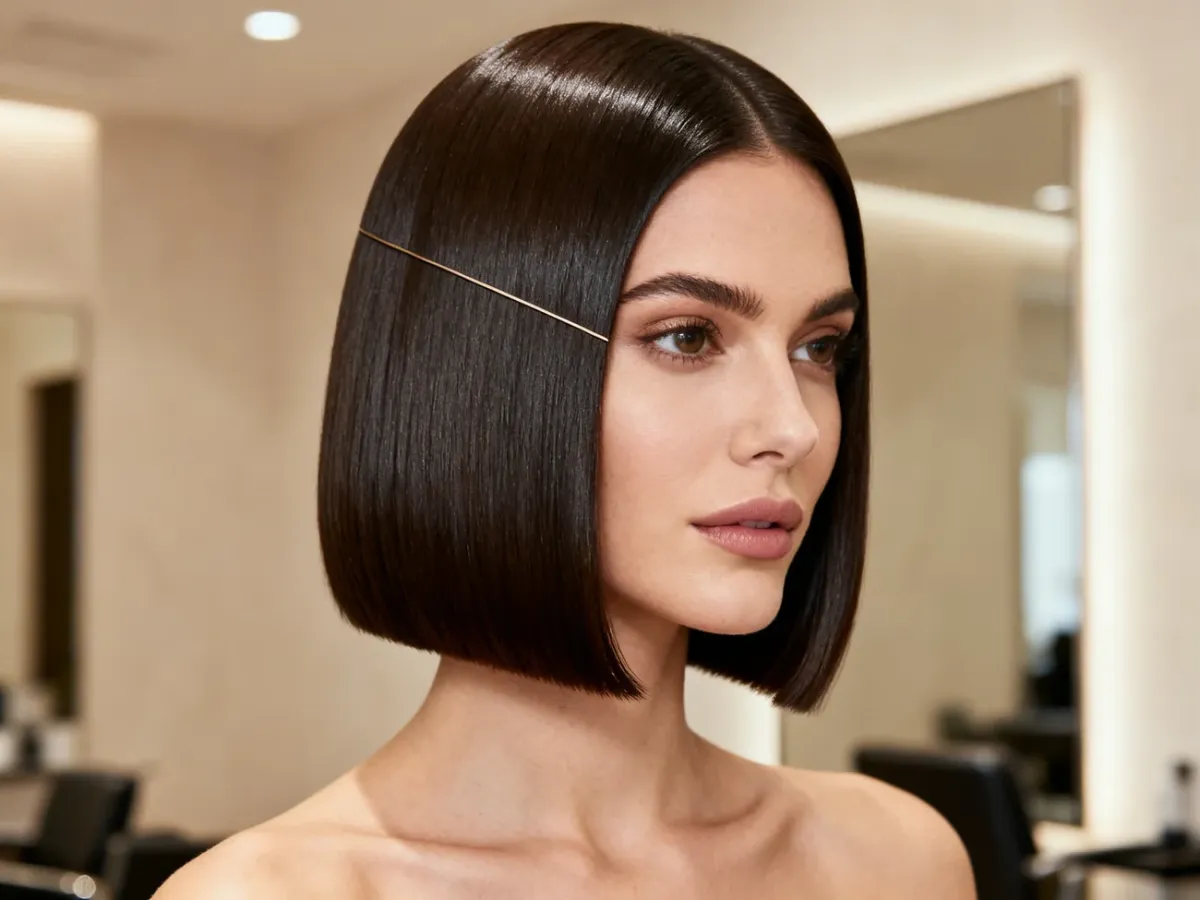 Kobieta z eleganckim, prostym blunt bobem sięgającym poniżej brody