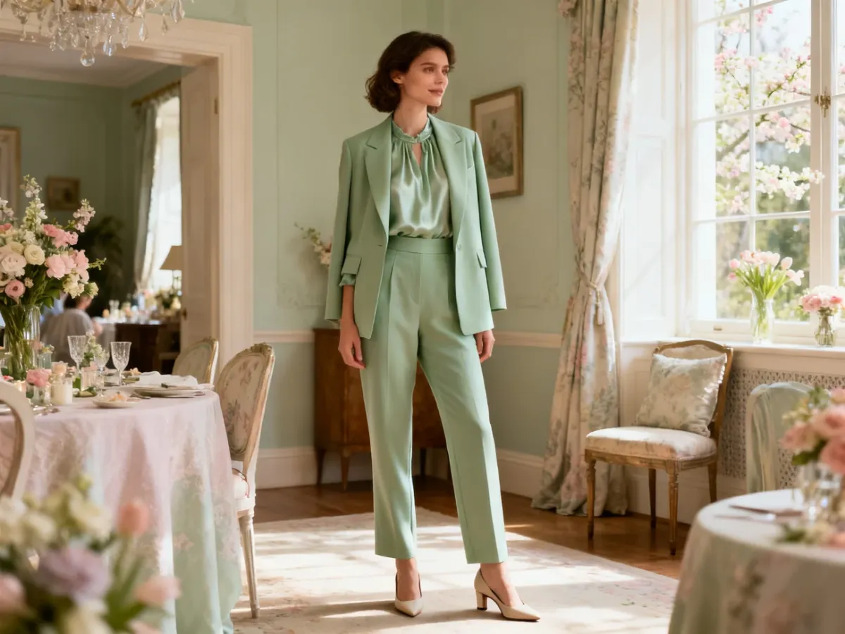 Kobieta w eleganckim pastelowym garniturze damskim na uroczystość rodzinną
