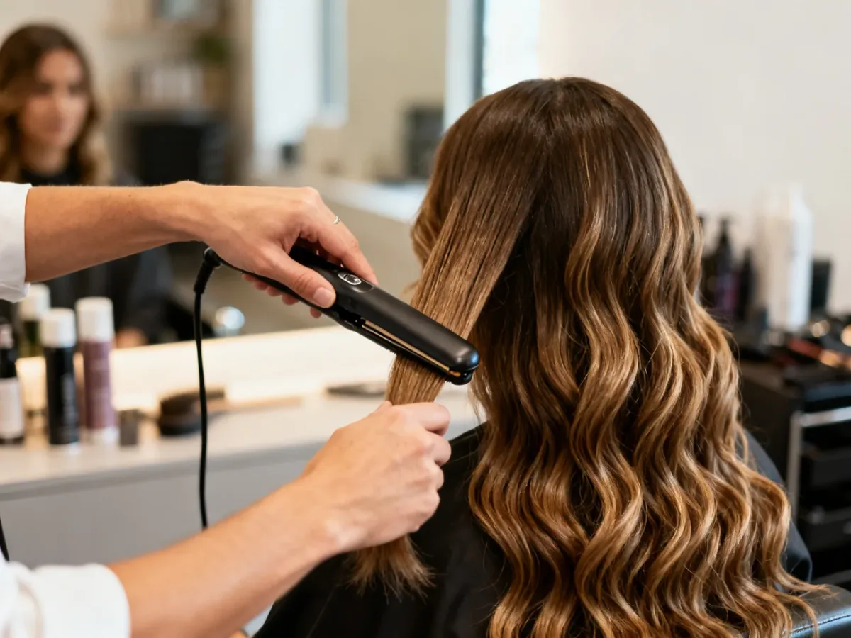 Stylistka wygładza falowane włosy prostownicą w salonie