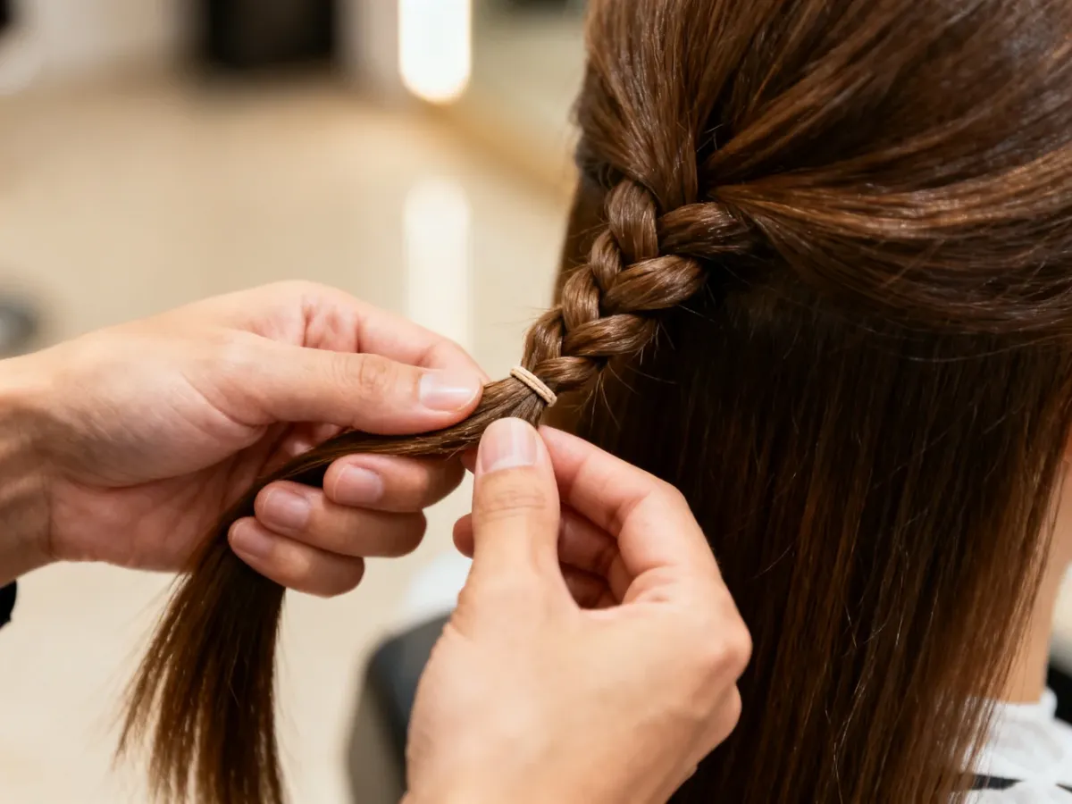 Stylista zaplata mały warkoczyk łączący naturalne włosy z doczepianym pasmem