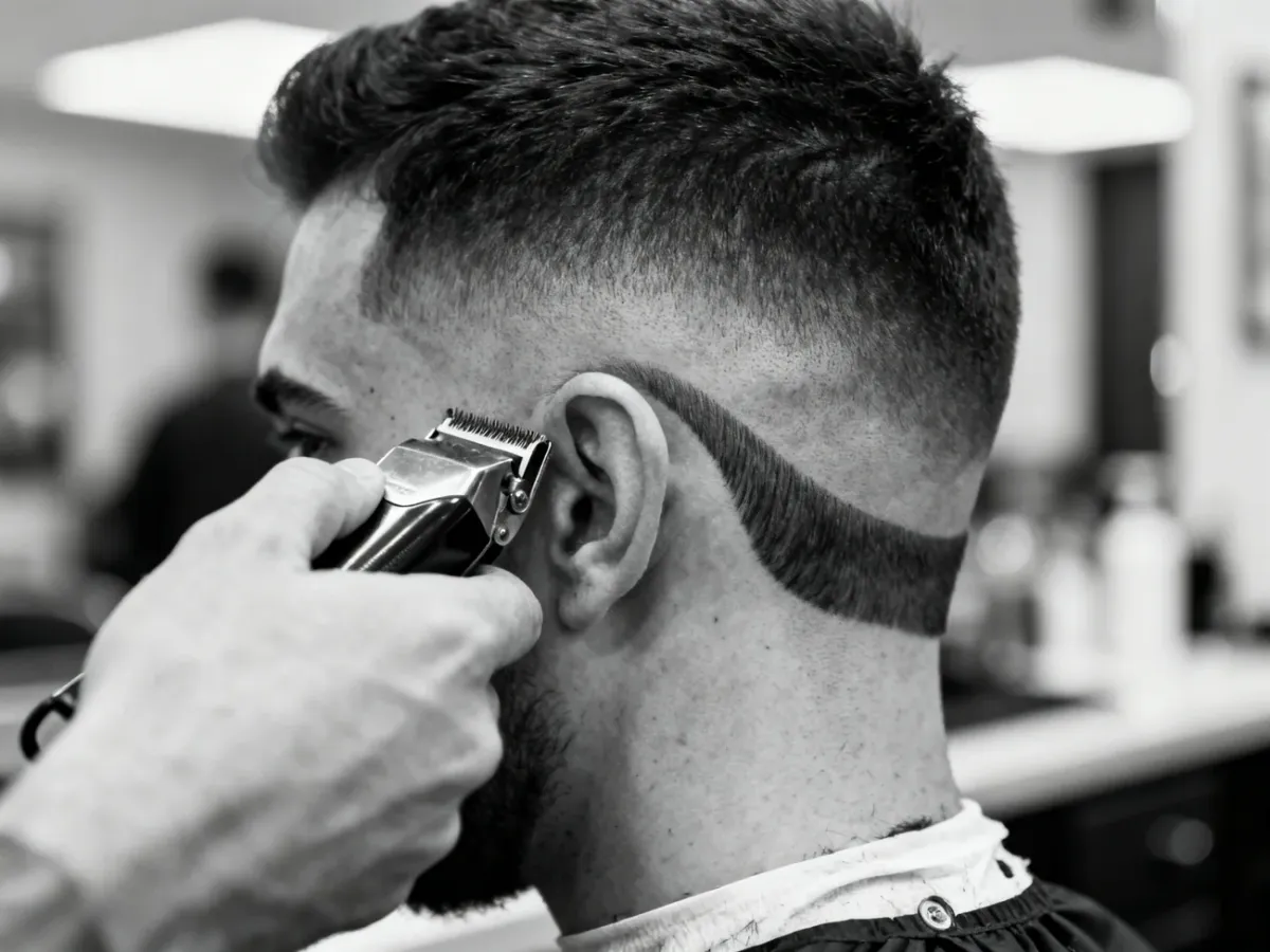 Barber precyzyjnie wykonujący cieniowanie drop fade za uchem