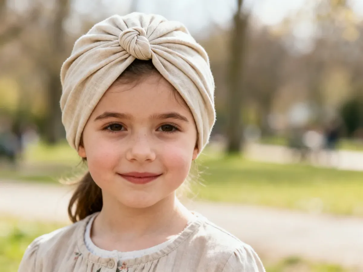 Dziewczynka w prostym bawełnianym turbanie w neutralnym kolorze