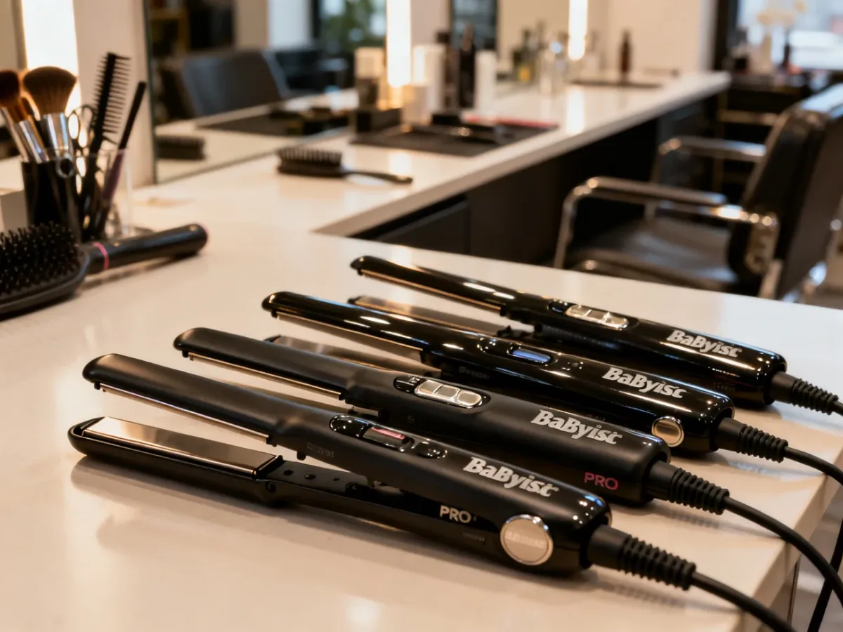 Pięć prostownic BaByliss PRO ułożonych na stanowisku do stylizacji włosów