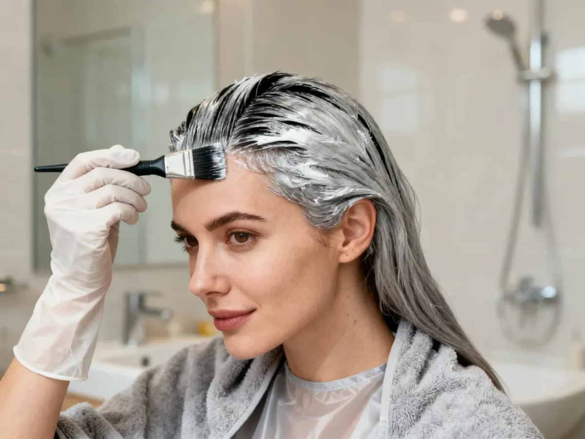 Woman applying hair dye to sectioned gray roots at home