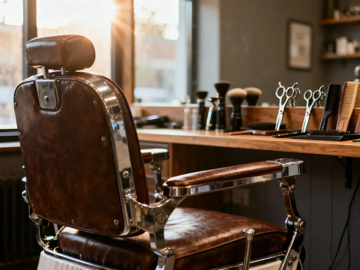 Wnętrze eleganckiego salonu barberskiego z klasycznym fotelem i profesjonalnymi narzędziami fryzjerskimi.