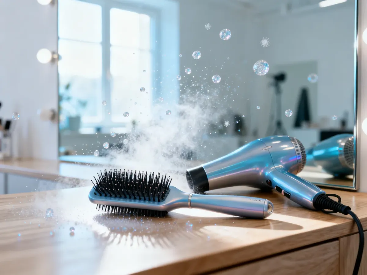 Profesjonalna szczotka i suszarka na toaletce w otoczeniu mgiełki lakieru do włosów, gotowe do stylizacji fryzury fluffy hair.