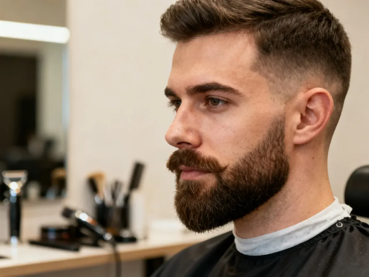 Mężczyzna z krótko przystrzyżoną, starannie wymodelowaną brodą w nowoczesnym salonie barberskim