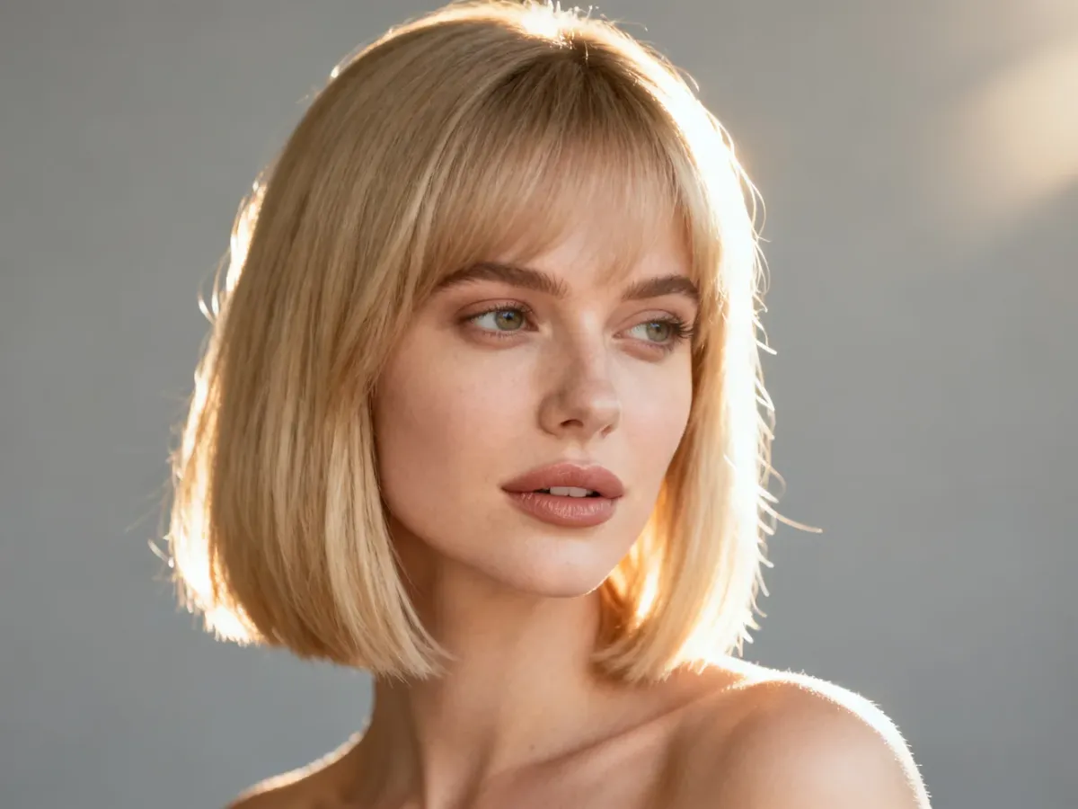 Stylowa fryzura typu bob u blondynki, optycznie wysmuklająca okrągłą twarz w profesjonalnym oświetleniu studyjnym.