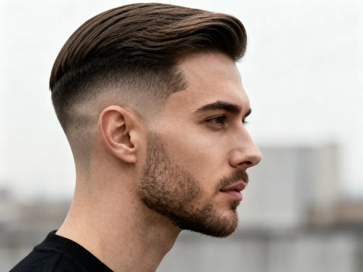Nowoczesna fryzura low drop fade z łagodnym przejściem