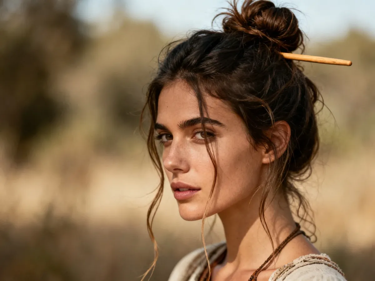 Swobodny messy bun ozdobiony drewnianą szpilką