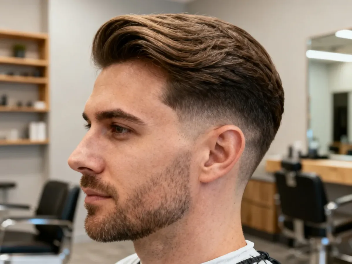 Mężczyzna z asymetryczną fryzurą side swept i cieniowanymi bokami