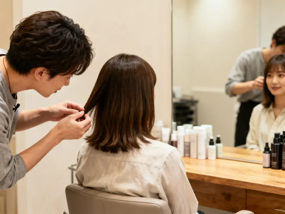 Stylista omawiający z klientką warstwy i kształt półkrótkiej fryzury.