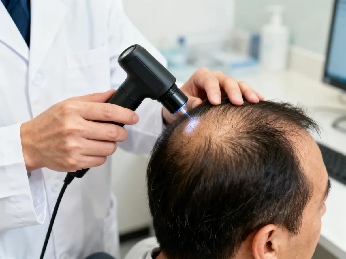 Dermatologist examining the scalp with a dermatoscope