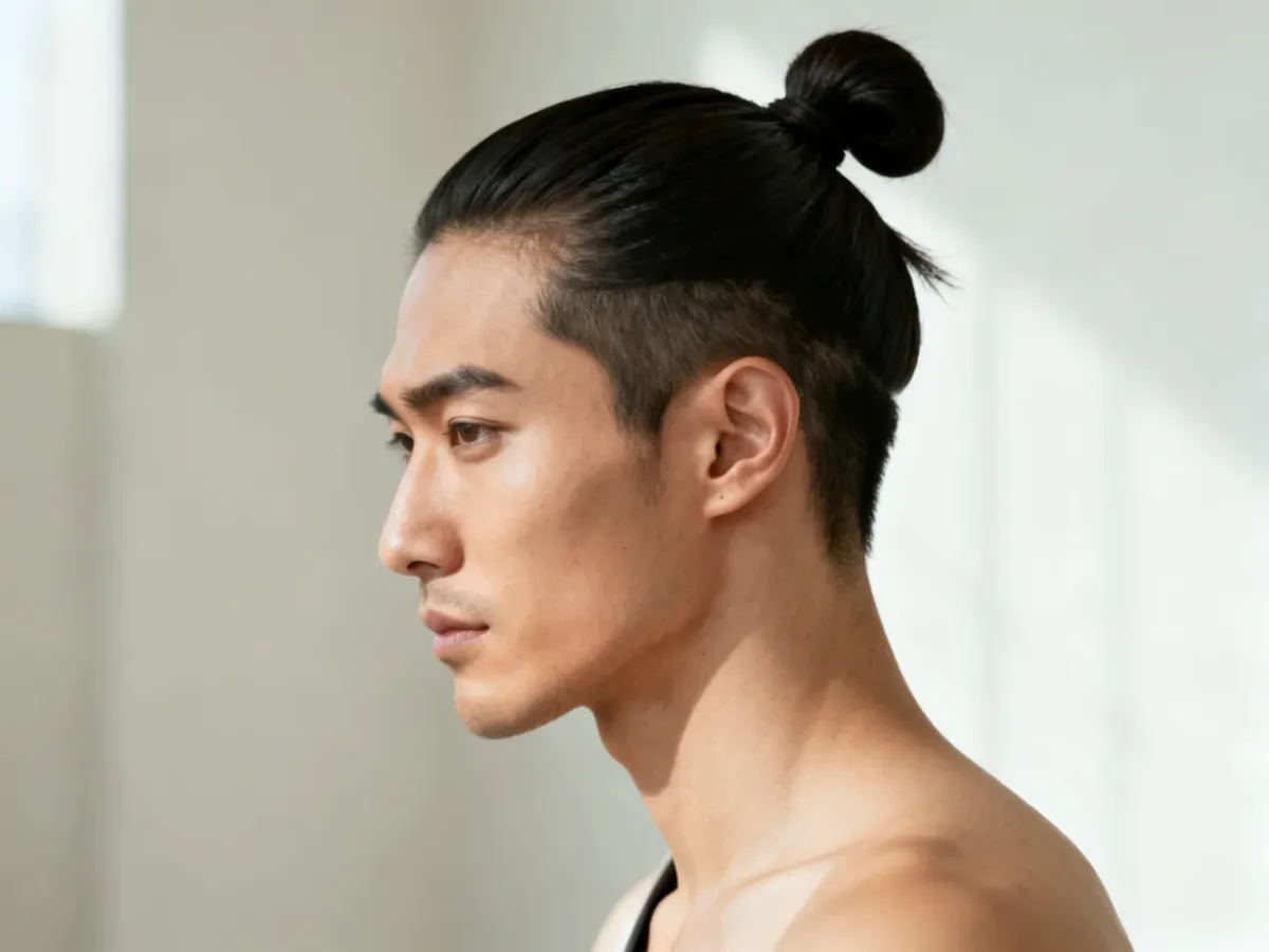 Mężczyzna z koczkiem Man Bun i krótszymi bokami
