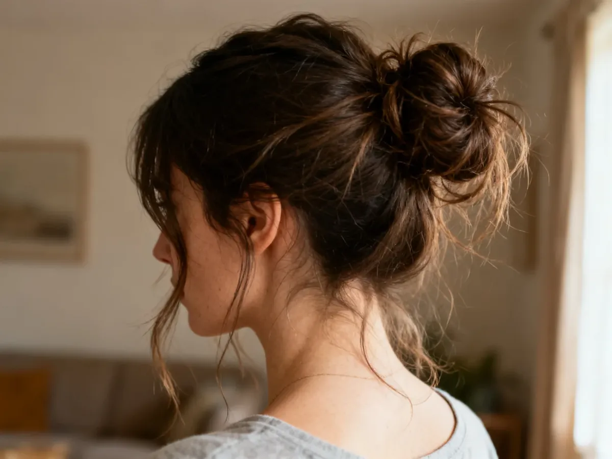 Luźny messy bun z celowo pozostawionymi kosmykami
