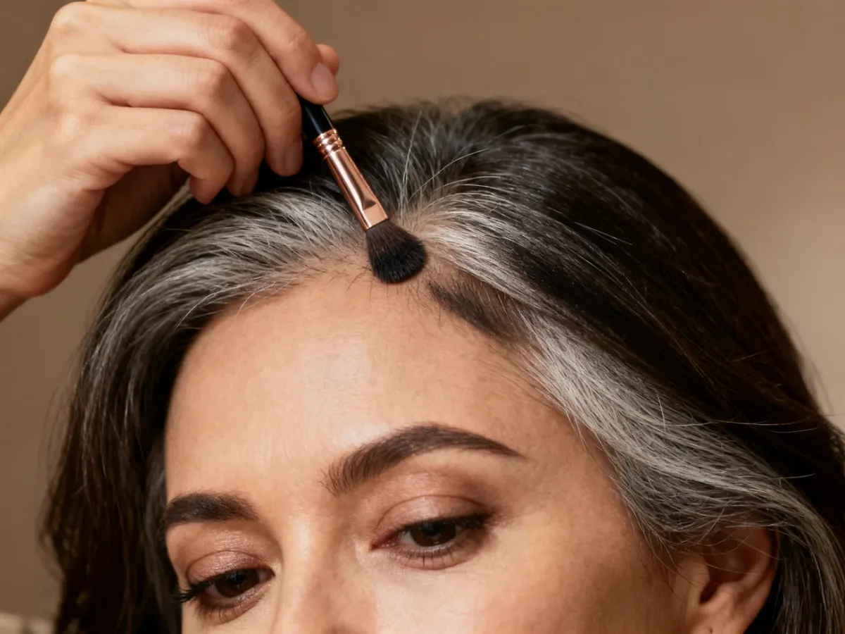 Precise root touch-up applied to gray hairs at the temple with a small brush