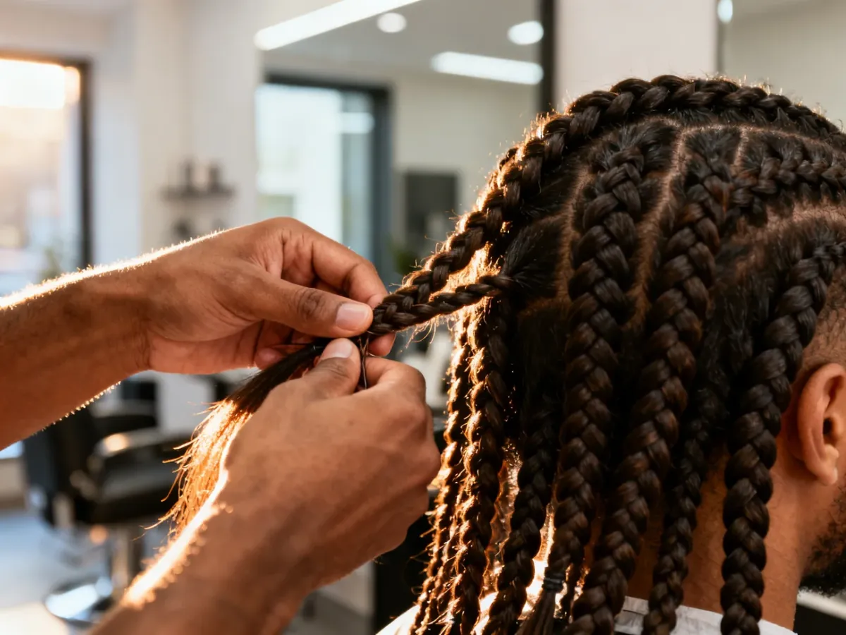 Dłonie fryzjera zaplatające syntetyczne pasma w męskie warkoczyki. Zbliżenie na precyzyjną technikę tworzenia ciasnych cornrows.