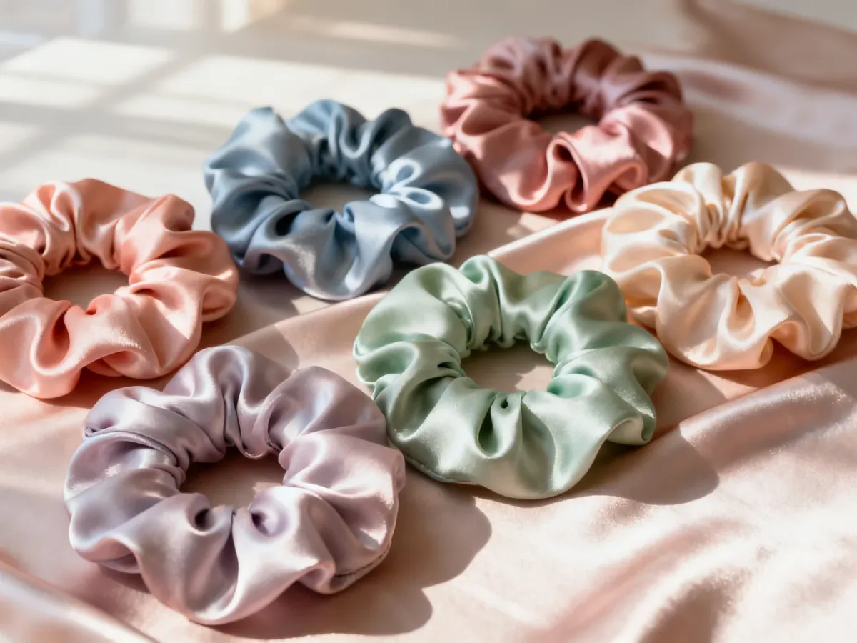Eleganckie jedwabne gumki scrunchies w pastelowych kolorach ułożone na satynowej tkaninie w świetle poranka.