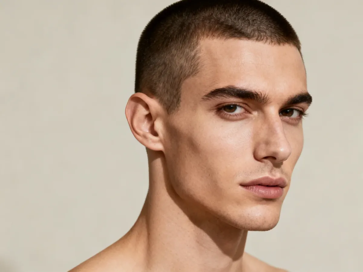 Mężczyzna z bardzo krótkim cięciem buzz cut i wyrazistymi rysami twarzy