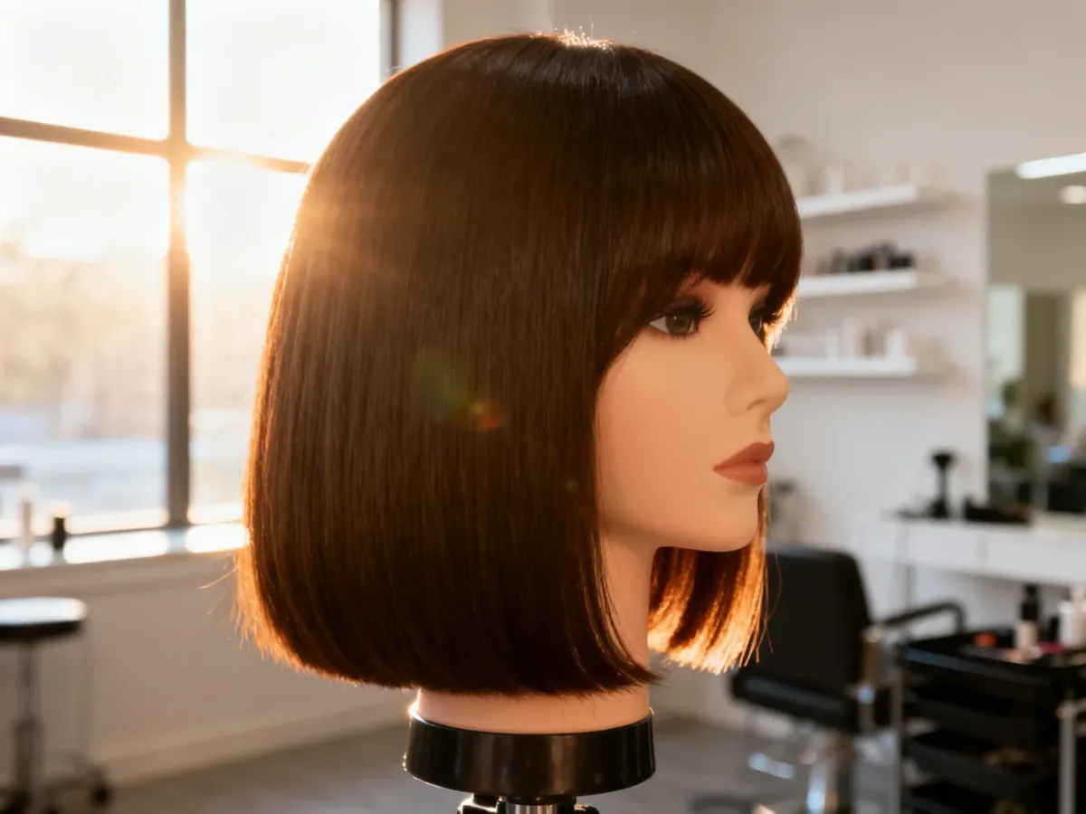 Elegancka fryzura typu blunt bob na głowie manekina w nowoczesnym salonie fryzjerskim.