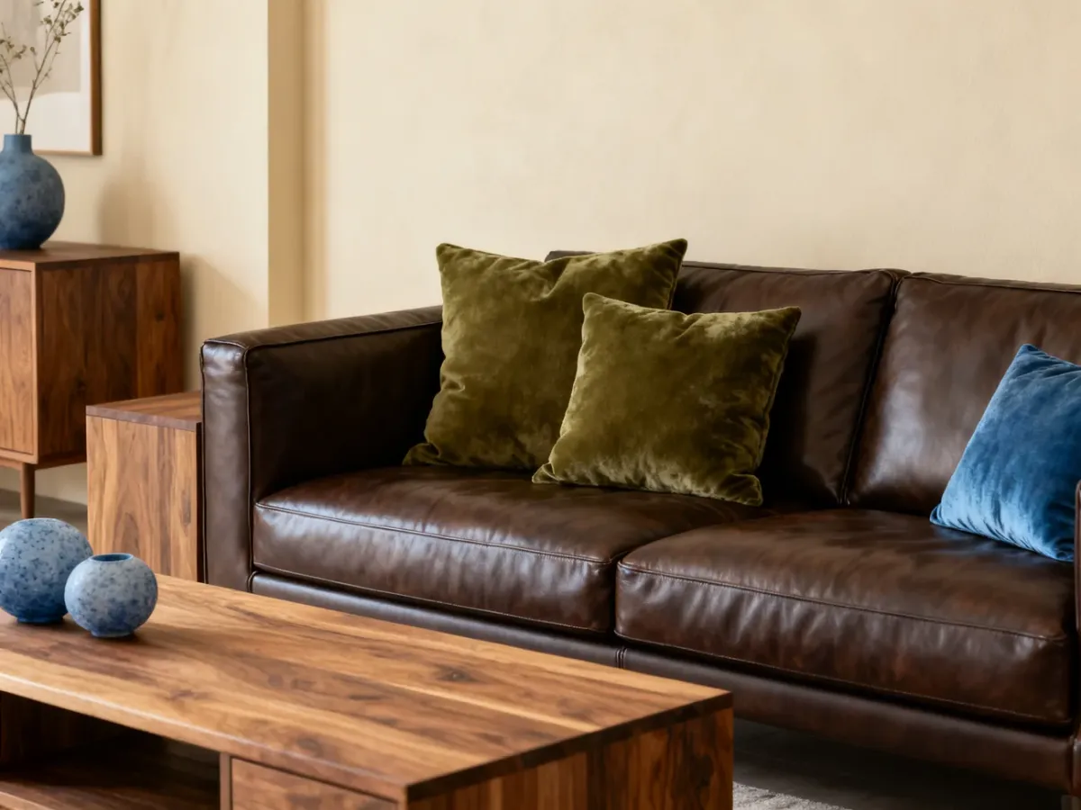 Przytulny salon z brązową sofą, drewnem, kremowymi ścianami i zielonymi dodatkami