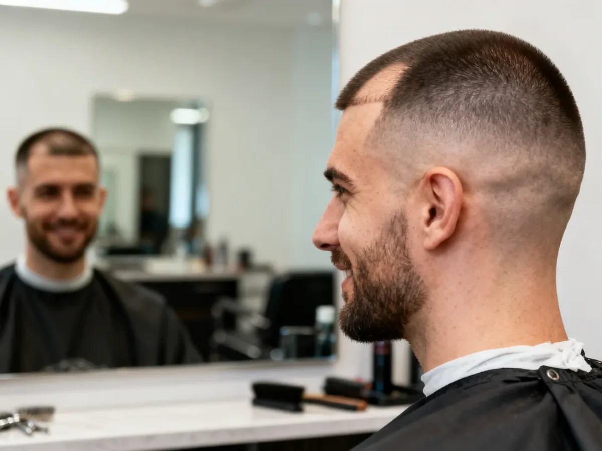 Mężczyzna z krótkim buzz cutem i wysokim cieniowaniem w salonie barberskim