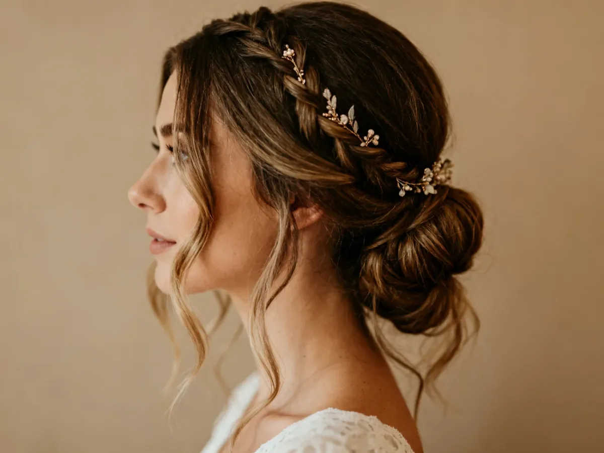 Luźne boho upięcie z niskim kokiem i pasmami przy twarzy