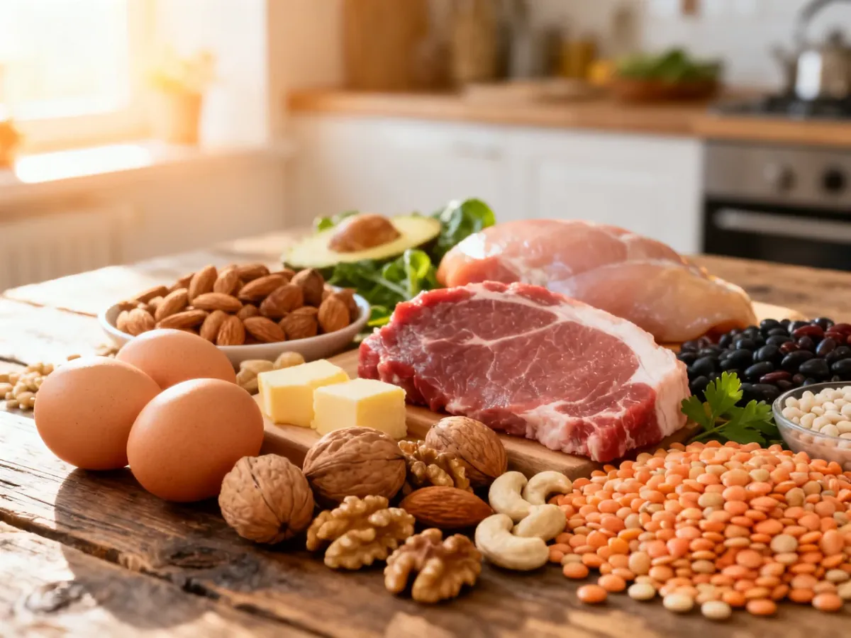 Różnorodne produkty bogate w białko, takie jak jajka, orzechy, mięso i rośliny strączkowe, ułożone na drewnianym stole.