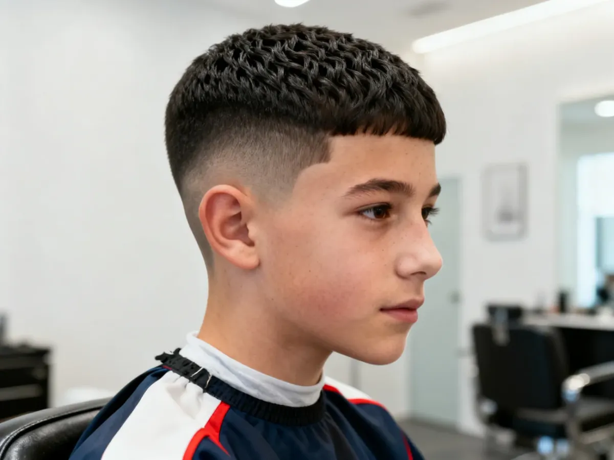 Nastolatek z teksturowanym cropem i delikatnym fade’em w nowoczesnym barbershopie