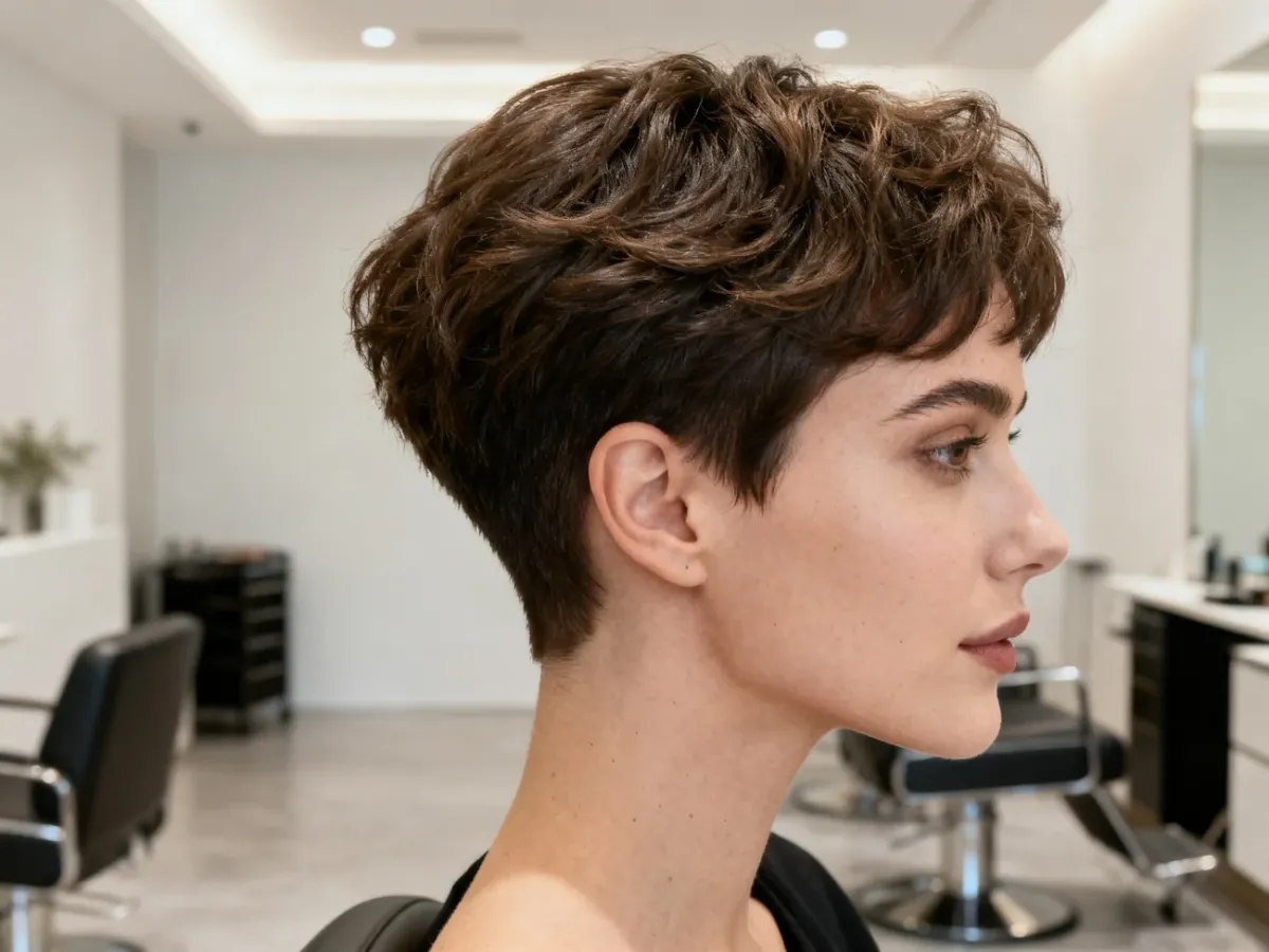Kobieta z teksturowaną fryzurą pixie w salonie