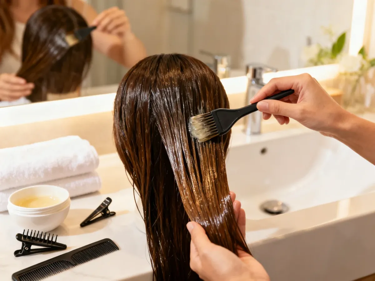A woman applying a nourishing treatment to sectioned damp hair at home