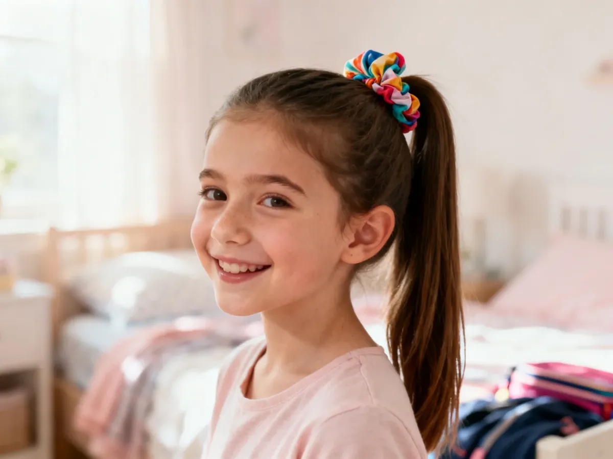 Dziewczynka z wysokim kucykiem ozdobionym scrunchie