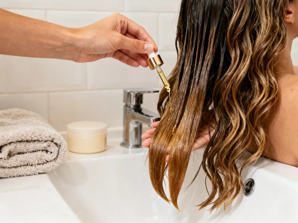 Applying oil to wet wavy hair before washing