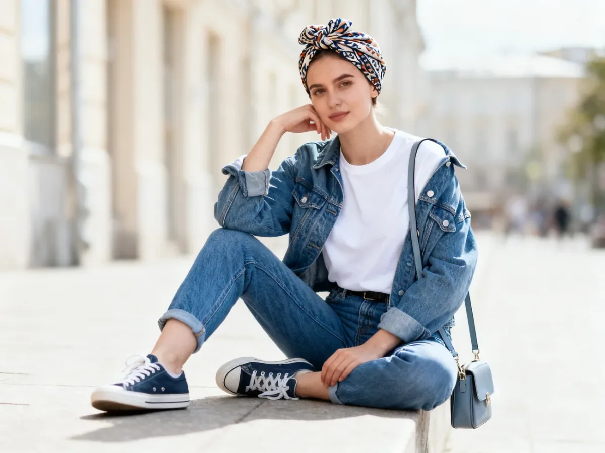 Casualna stylizacja z opaską turban, jeansami i sneakersami