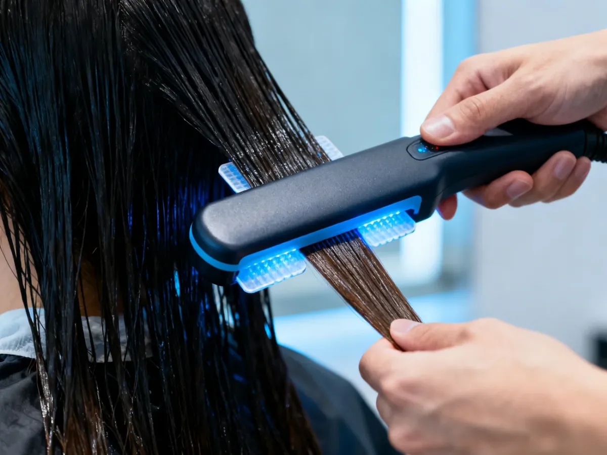 Stylist applying a cold treatment device to a section of wet hair