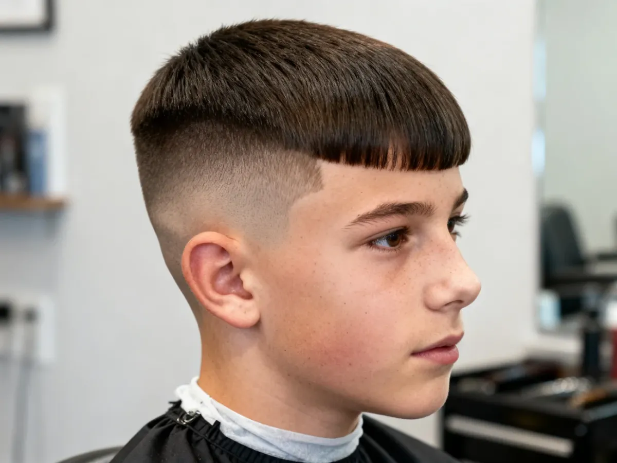 Nastolatek z krótkim skin fade’em i fryzurą Cezar