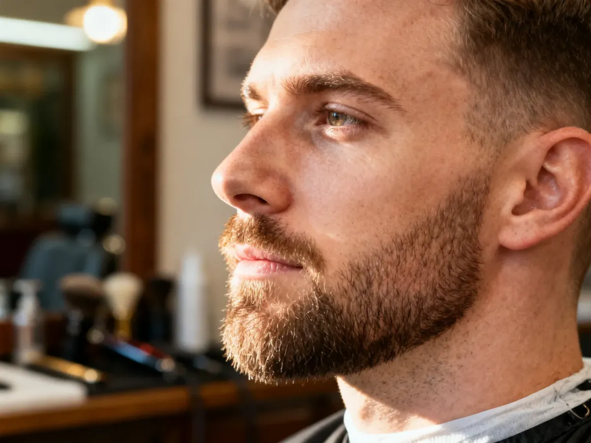 Zadbana, krótka broda z wyraźnie zaznaczoną linią szczęki u mężczyzny w profesjonalnym salonie barberskim.