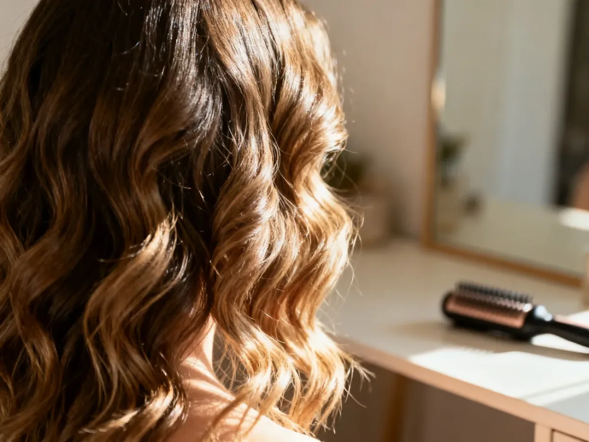 Średniej długości włosy ułożone w naturalne, lśniące fale w stylu beach waves, podkreślające ich objętość i zdrowy wygląd.