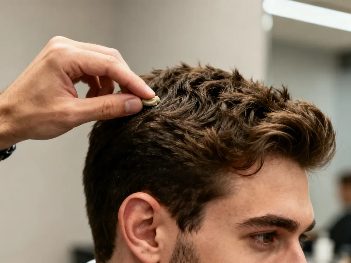 Barber układający teksturowaną fryzurę z objętością u nasady