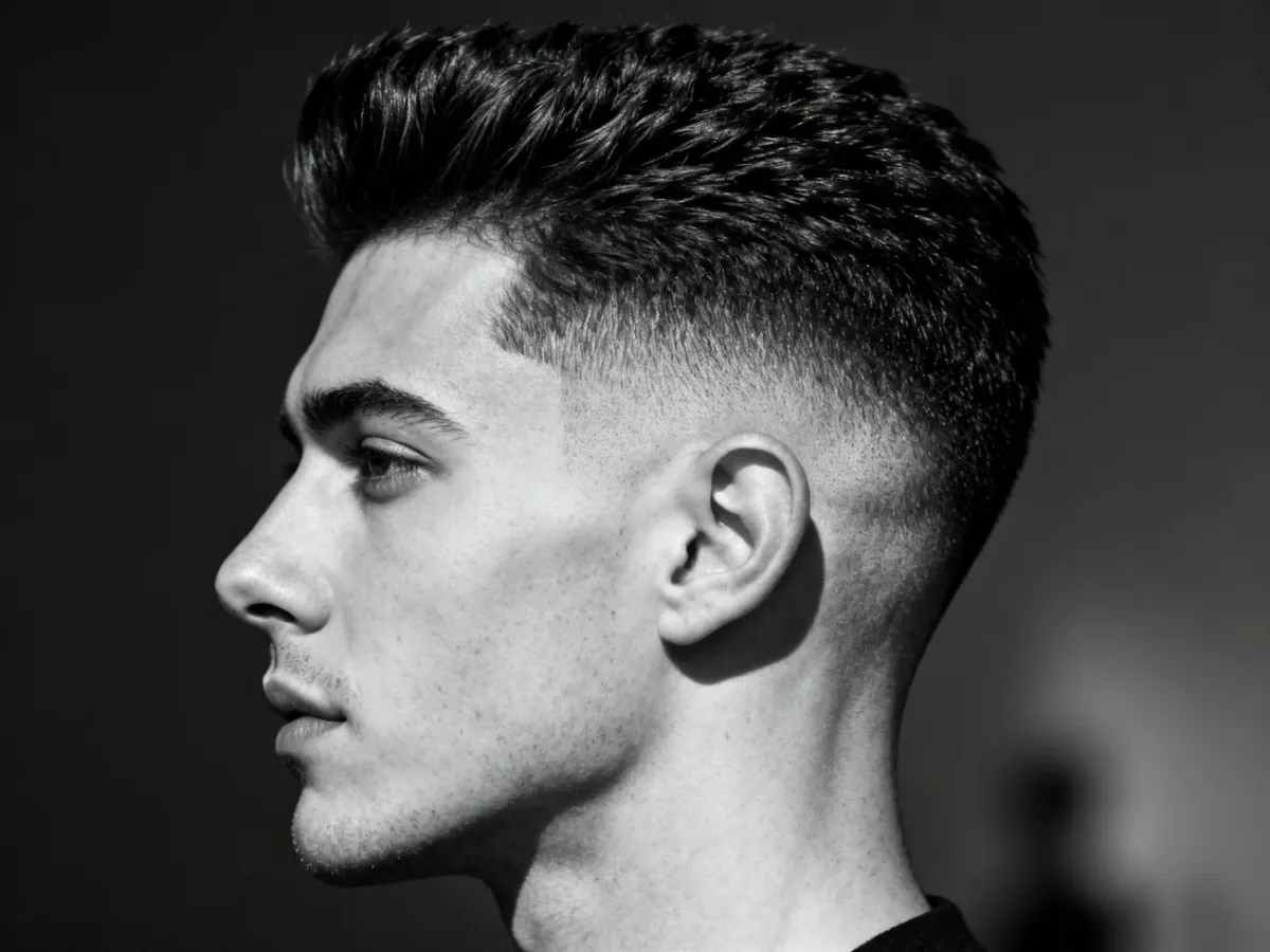 Wyrazisty high fade z krótką teksturowaną górą