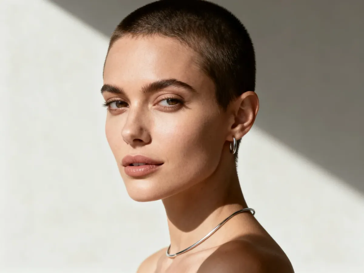 Kobieta z minimalistycznym strzyżeniem buzz cut