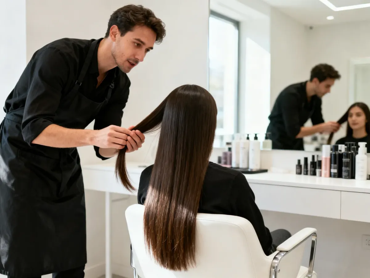 Stylistka oceniająca kondycję długich włosów przed zabiegiem w salonie