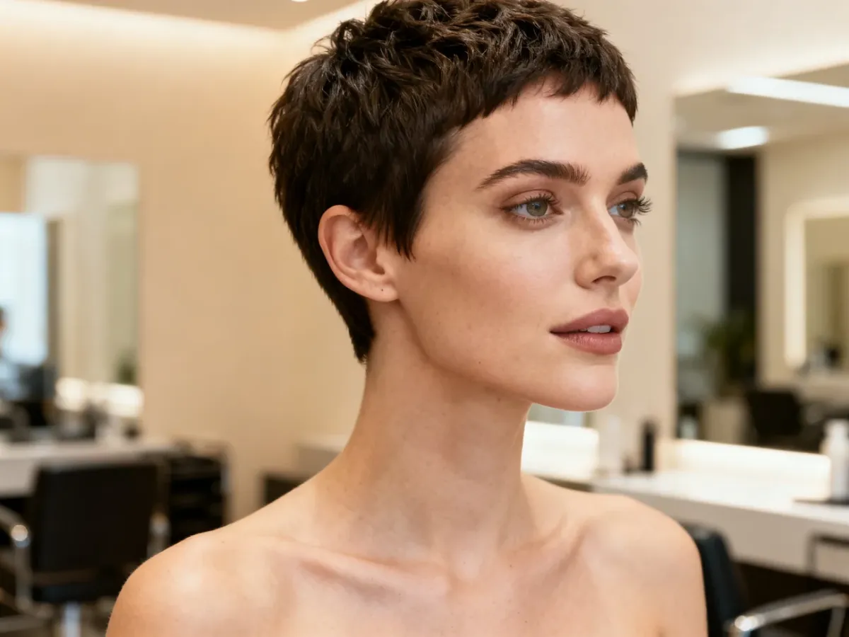 Kobieta z krótką, teksturowaną fryzurą pixie w salonie fryzjerskim