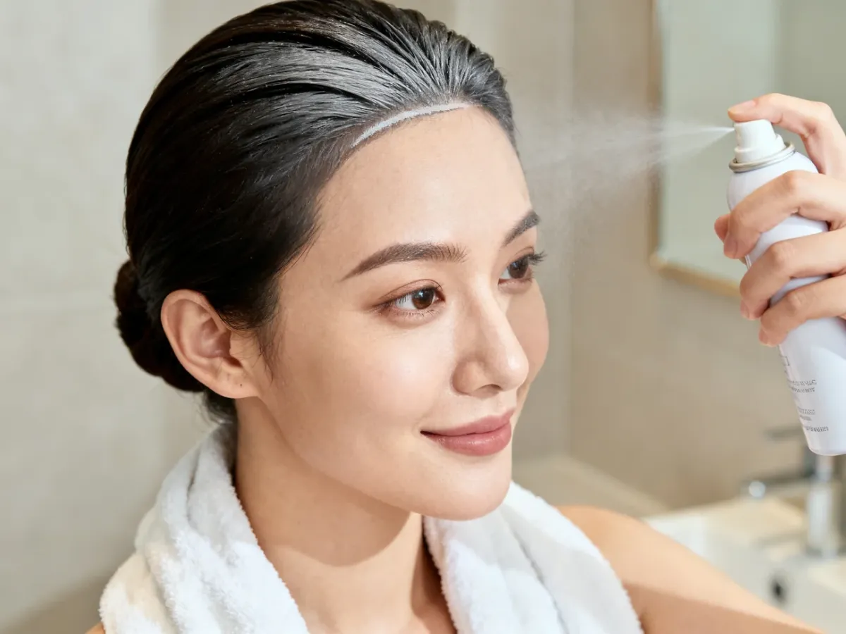 A woman applying root concealer spray to gray regrowth along her part