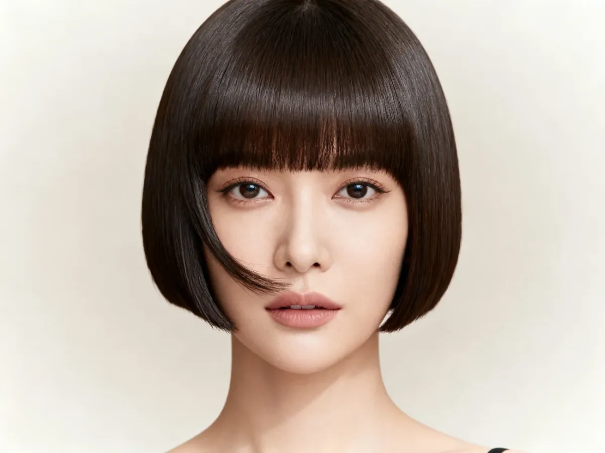 Gładki i błyszczący sleek bob z boczną grzywką