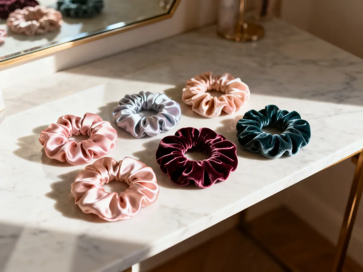 Kolekcja jedwabnych i welurowych scrunchies w pastelowych kolorach, estetycznie ułożonych na marmurowym blacie.
